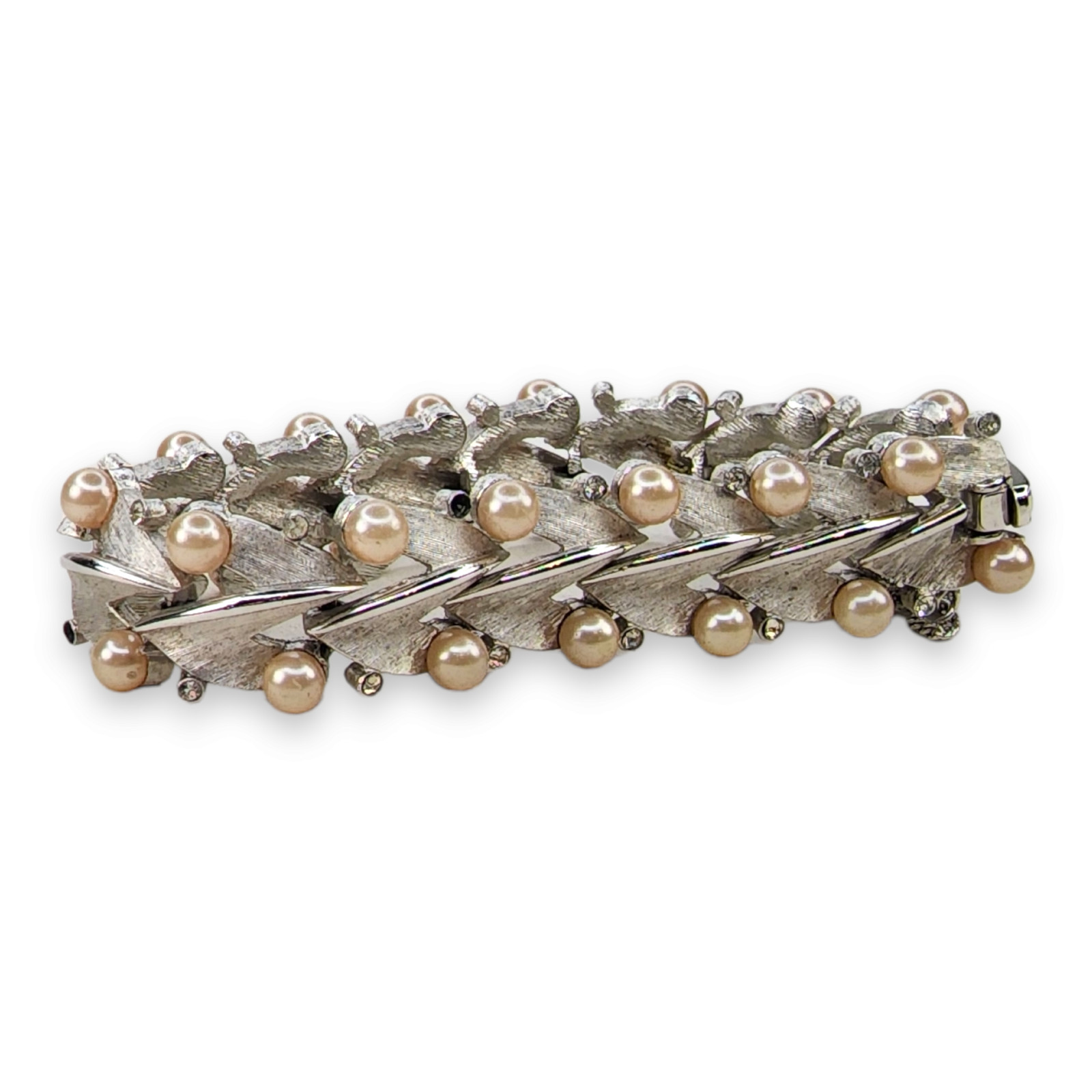 Vintage Trifari Silver Tone Clear Rhinestone Faux Pearl Links Bracelet 7.25 In