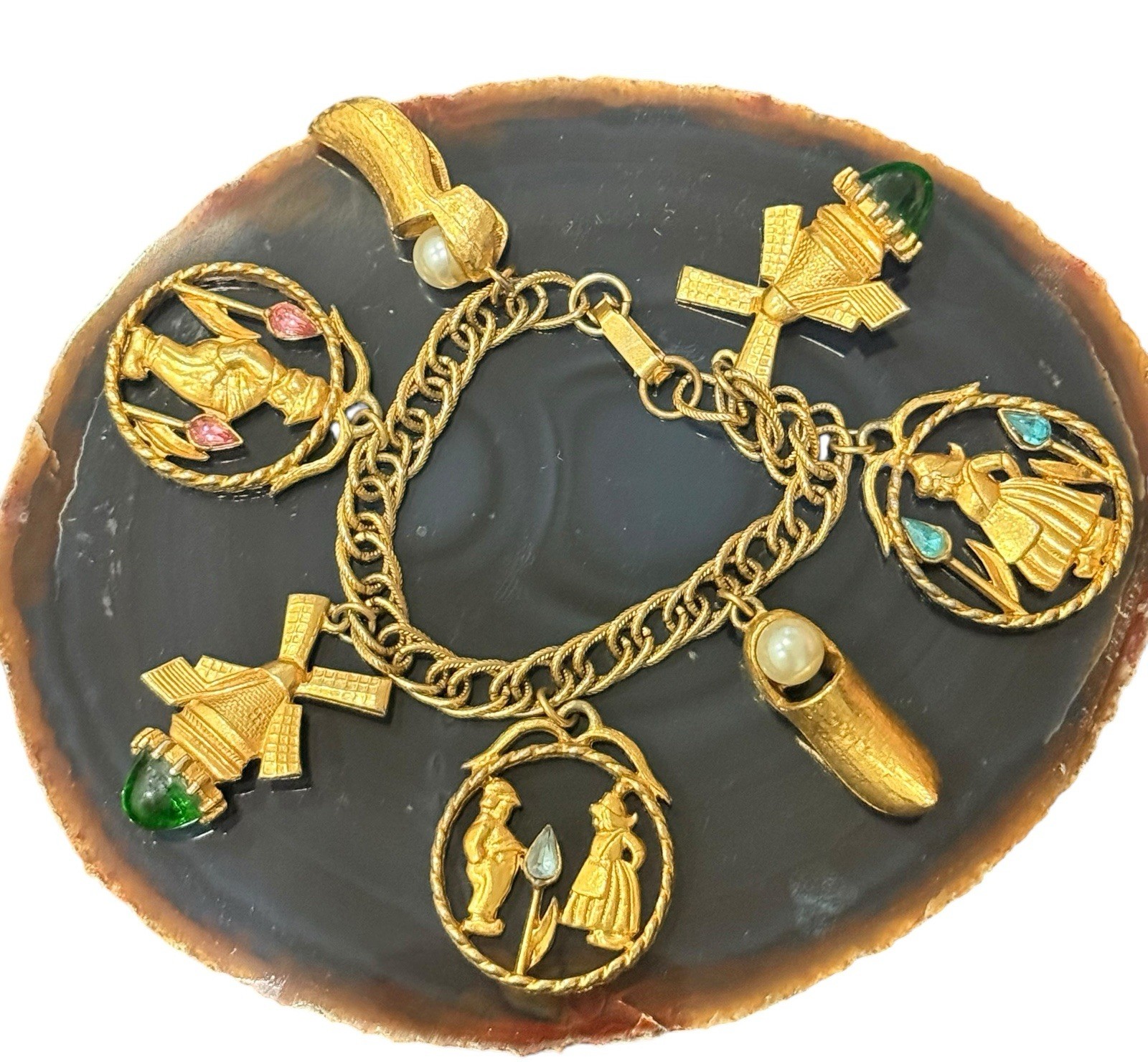 Vintage Florenza Signed Dutch Holland Gold Tone Charm Designer Bracelet!