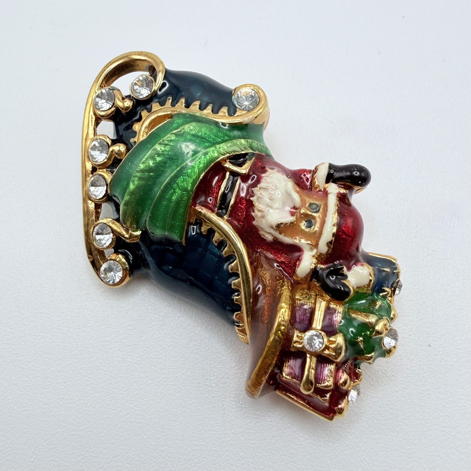 Christopher Radko Signed Enamel Christmas Santa Sleigh Rhinestones Brooch