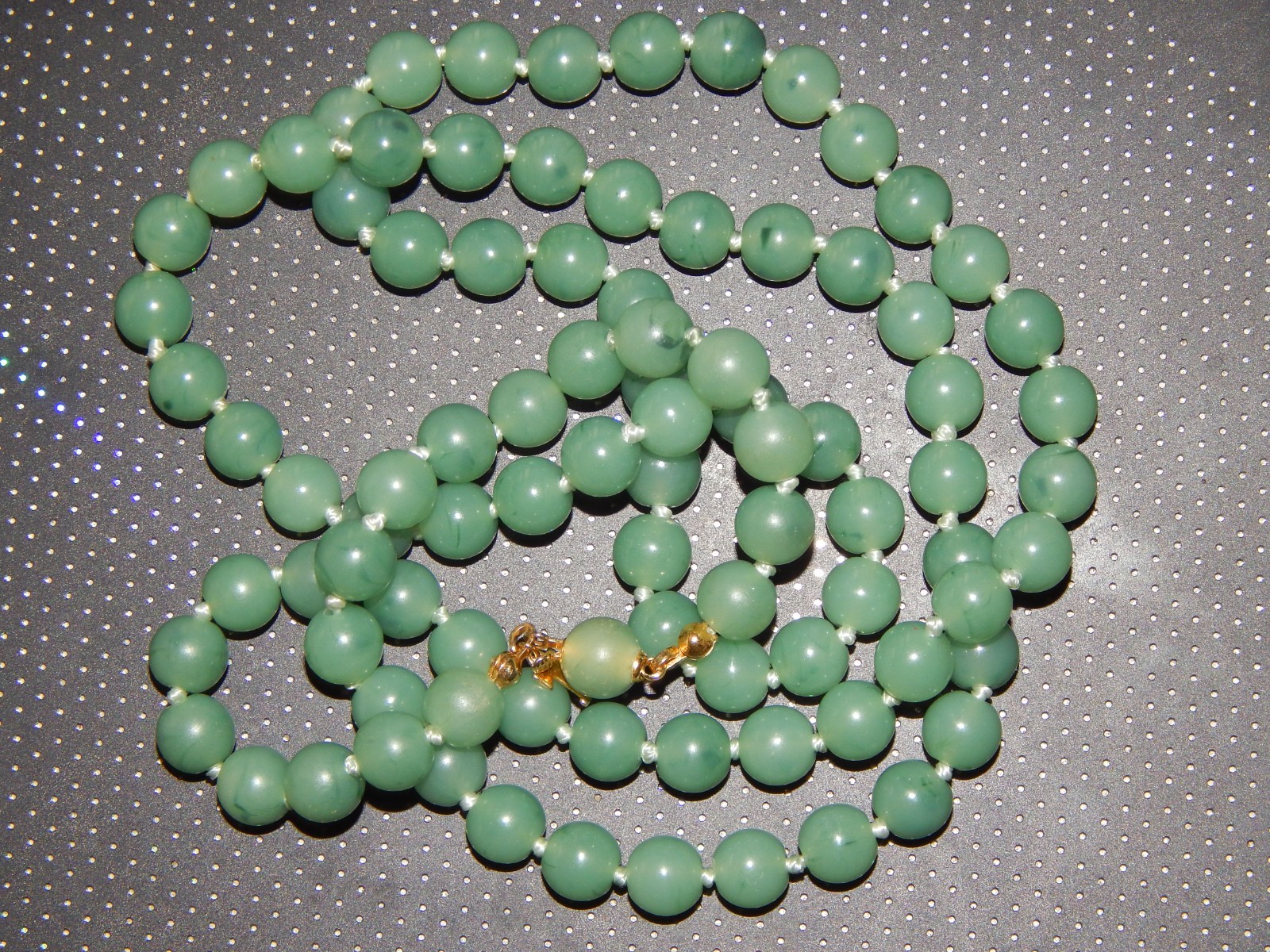 Vintage 30” TRIFARI Faux Jade Green Hand Knotted Acrylic Bead Necklace