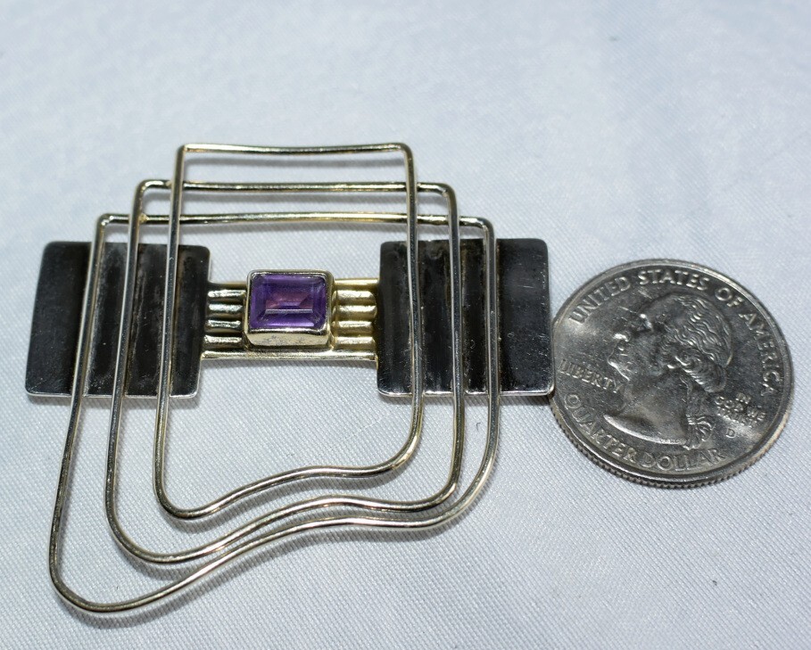 Vtg Signed YES Studio Poland Sterling Silver Amethyst Large Modern Pin & Pendant