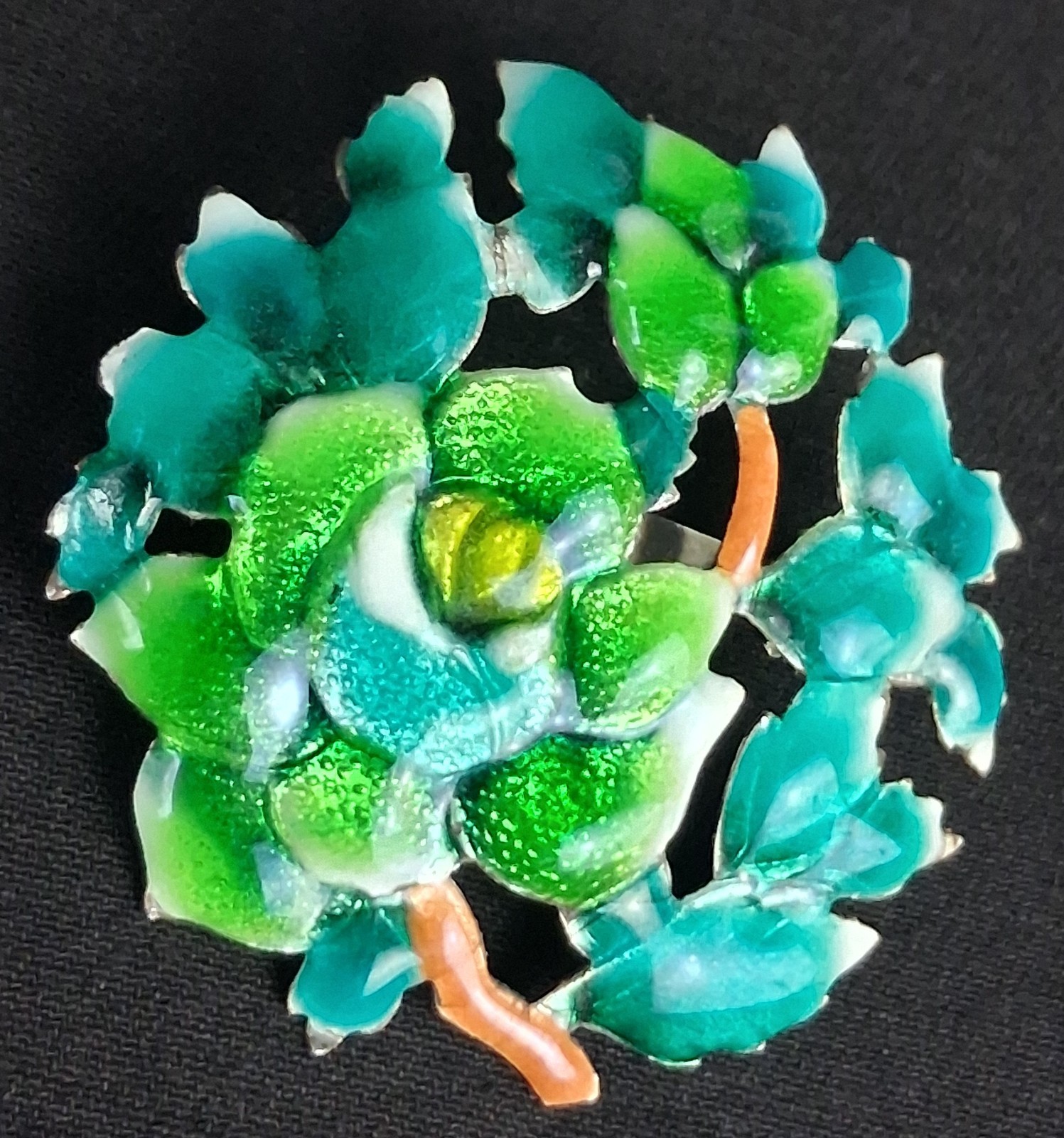 Vintage Silver Cloisonne Rose Brooch Green Blue Enamel Floral Pin