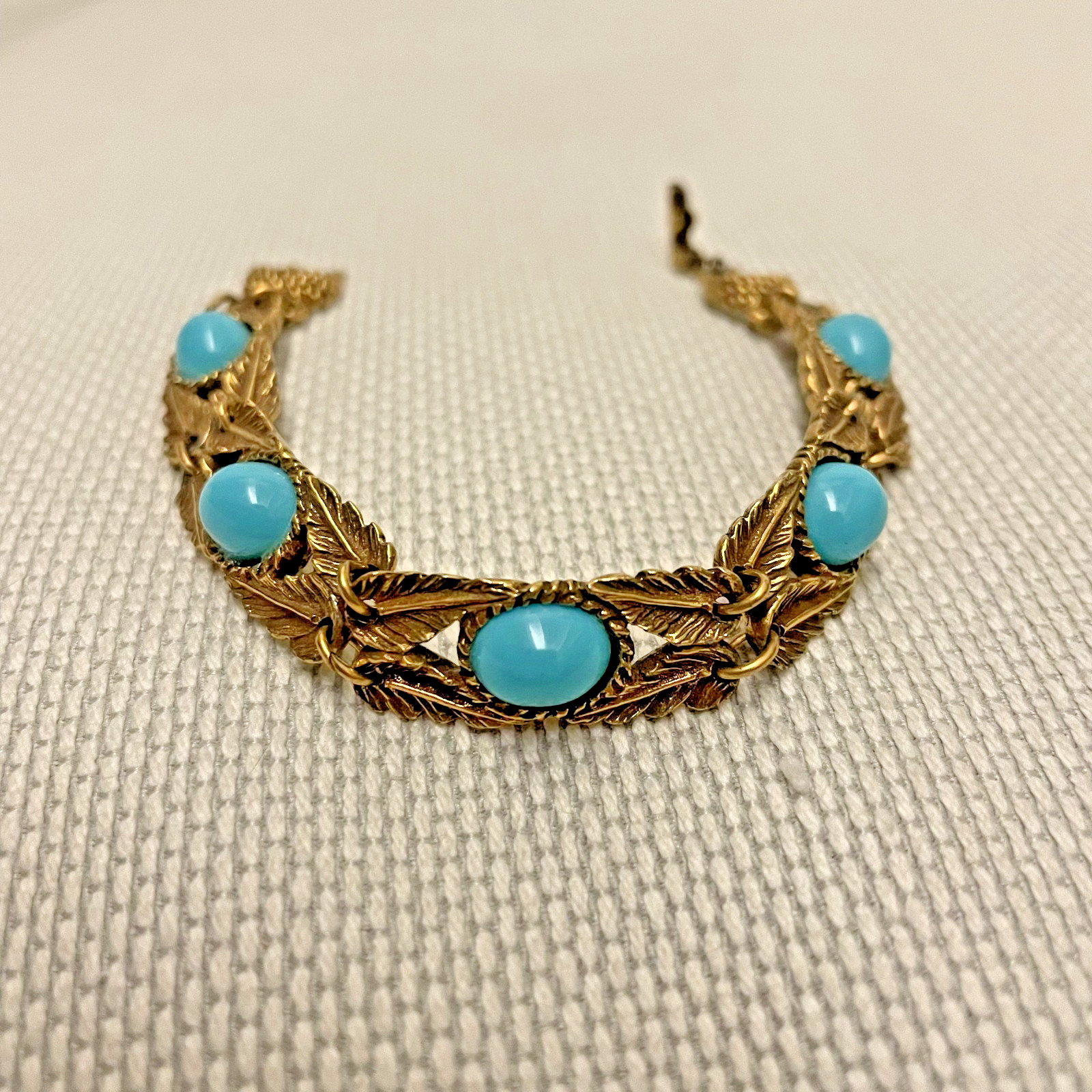Vintage Goldette N.Y. Gold Tone Art Nouveau Bracelet w Faux Turquoise Cabochons