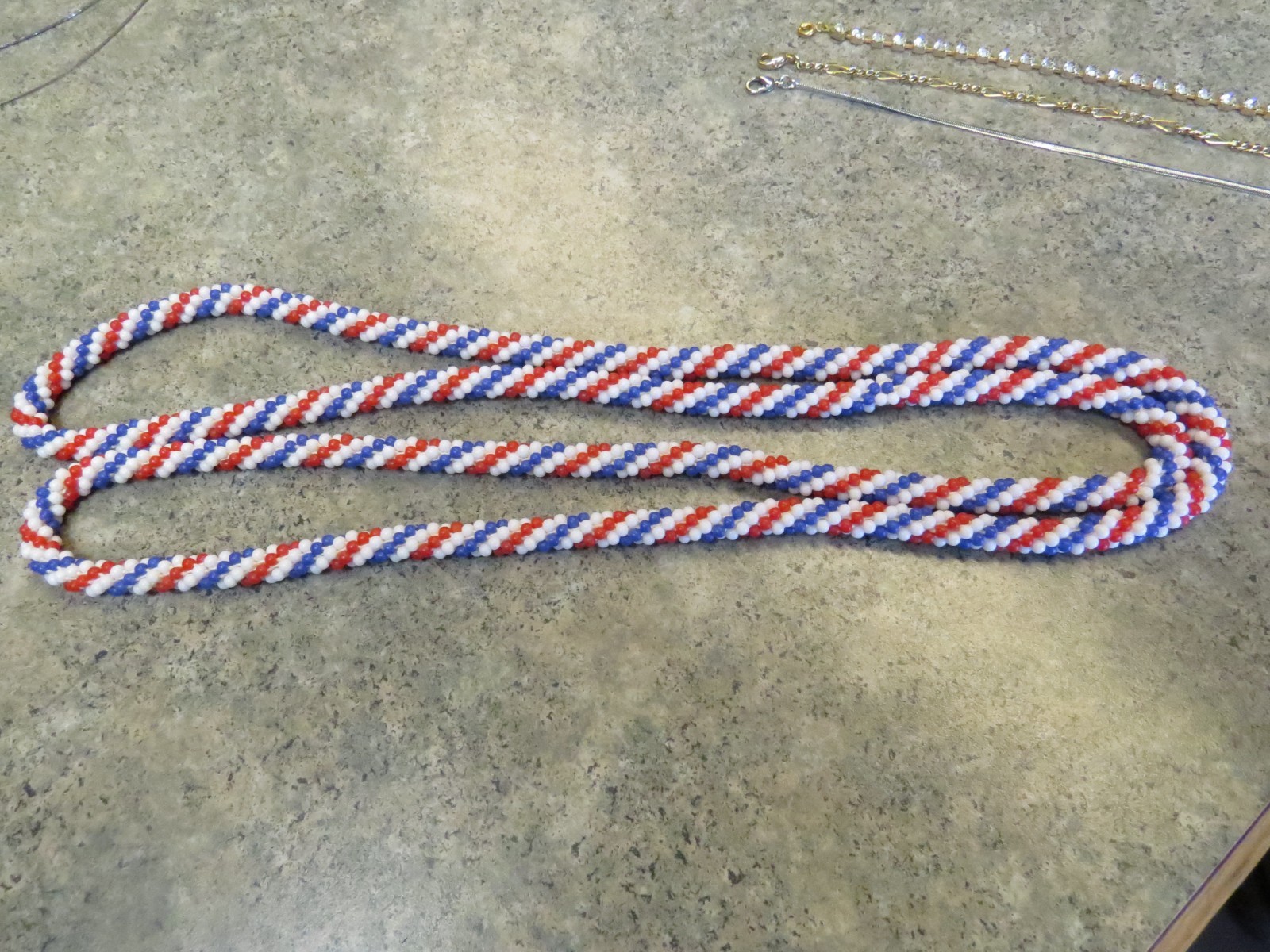 Vintage Patriotic Red White & Blue Glass Bead Necklace Extra Long 46″