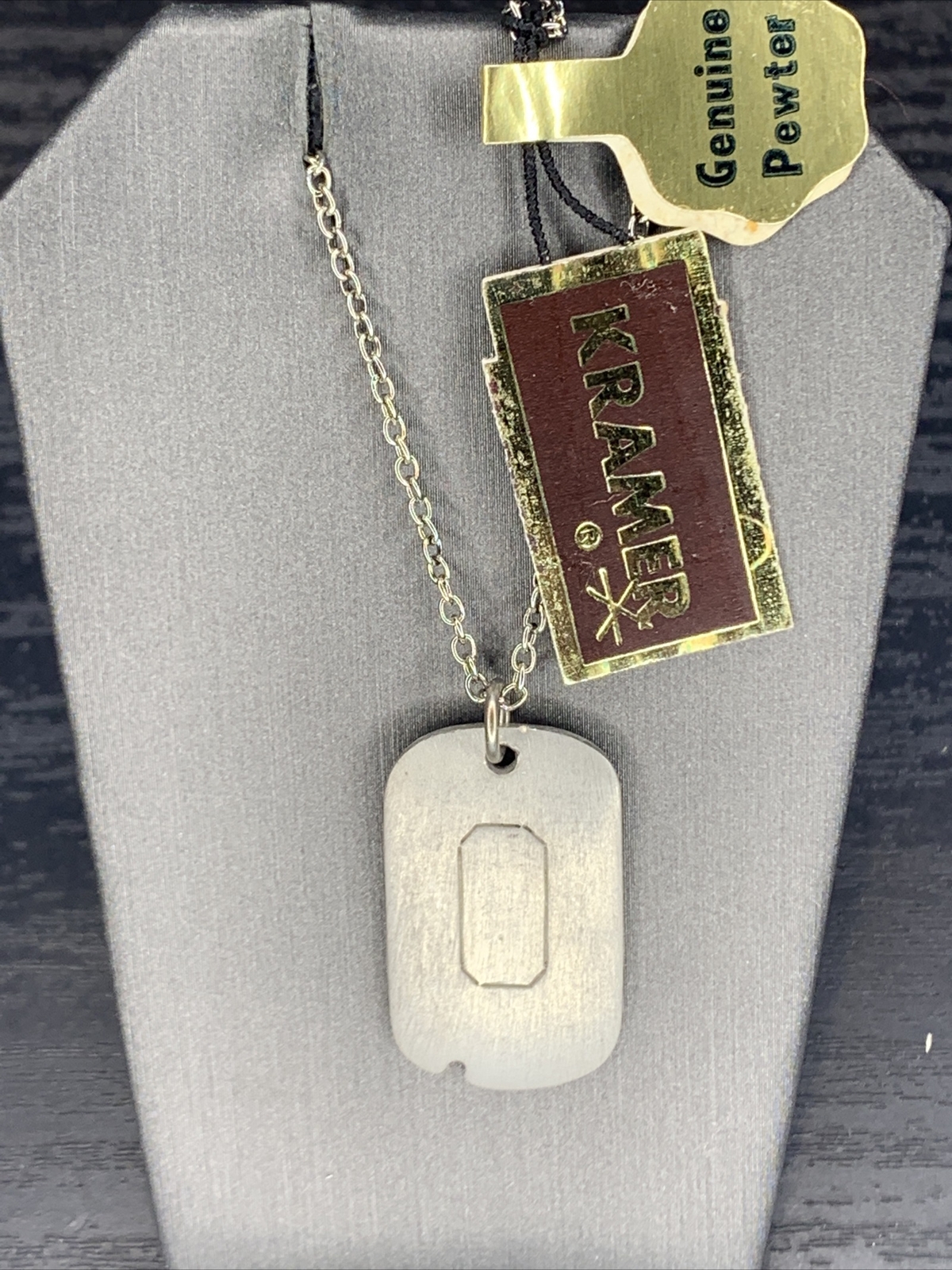 Kramer Of New York Necklace Pewter Dog Tag Pendant Dainty 16” 1960’s NOS
