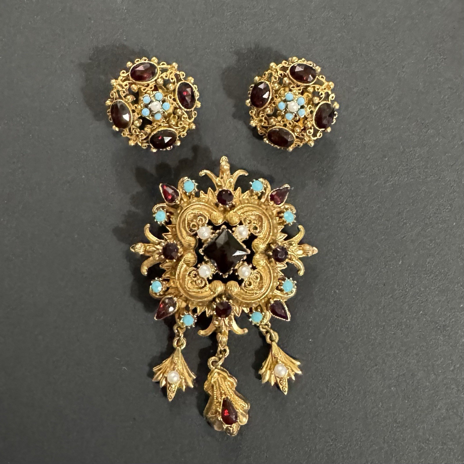 Vintage FLORENZA Signed Brooch Earrings Set Renaissance Revival Demi Parure