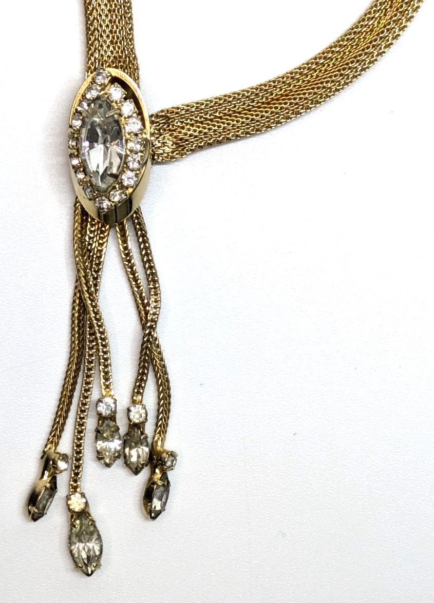 VTG Kramer Mesh Gold Tone Snap Tassel Bracelet Clear Rhinestones 7″ Long