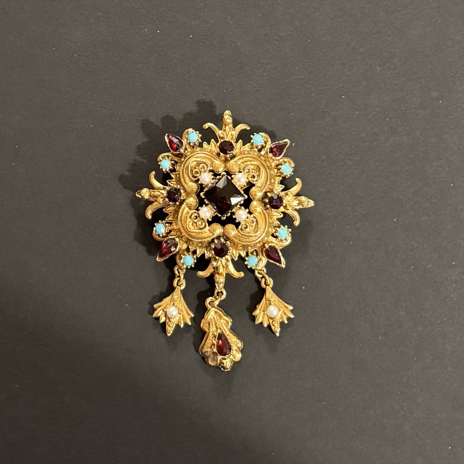 Vintage FLORENZA Signed Brooch Earrings Set Renaissance Revival Demi Parure
