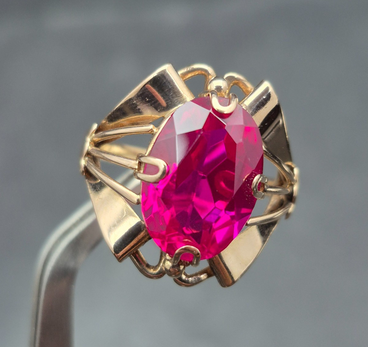 Vintage Soviet 14K Rose Gold Ring 583 with Ruby Stone • Original USSR Jewelry
