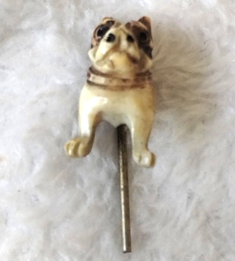 Vintage Bulldog Dog Figural Stick Pin Hat Pin Lapel Pin Carved Ivory Look