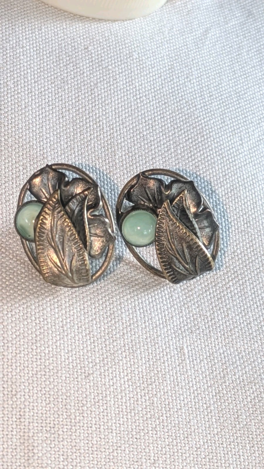 Vintage Czech Art Nouveau Ornate Green Stone Fine Details Screwback Earrings