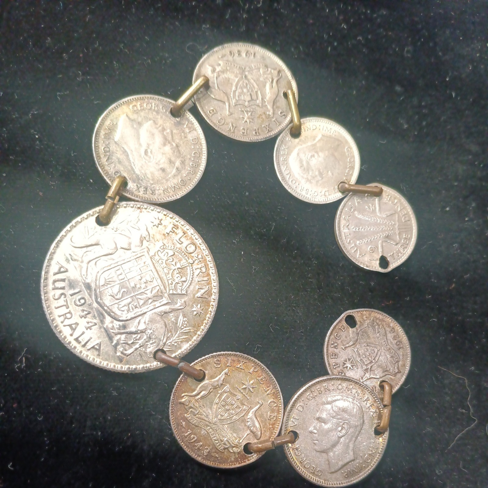 Vtg Coin Bracelet AUSTRALIA 1943-1944 FLORIN Sterling Coins 7” 8 coins silver