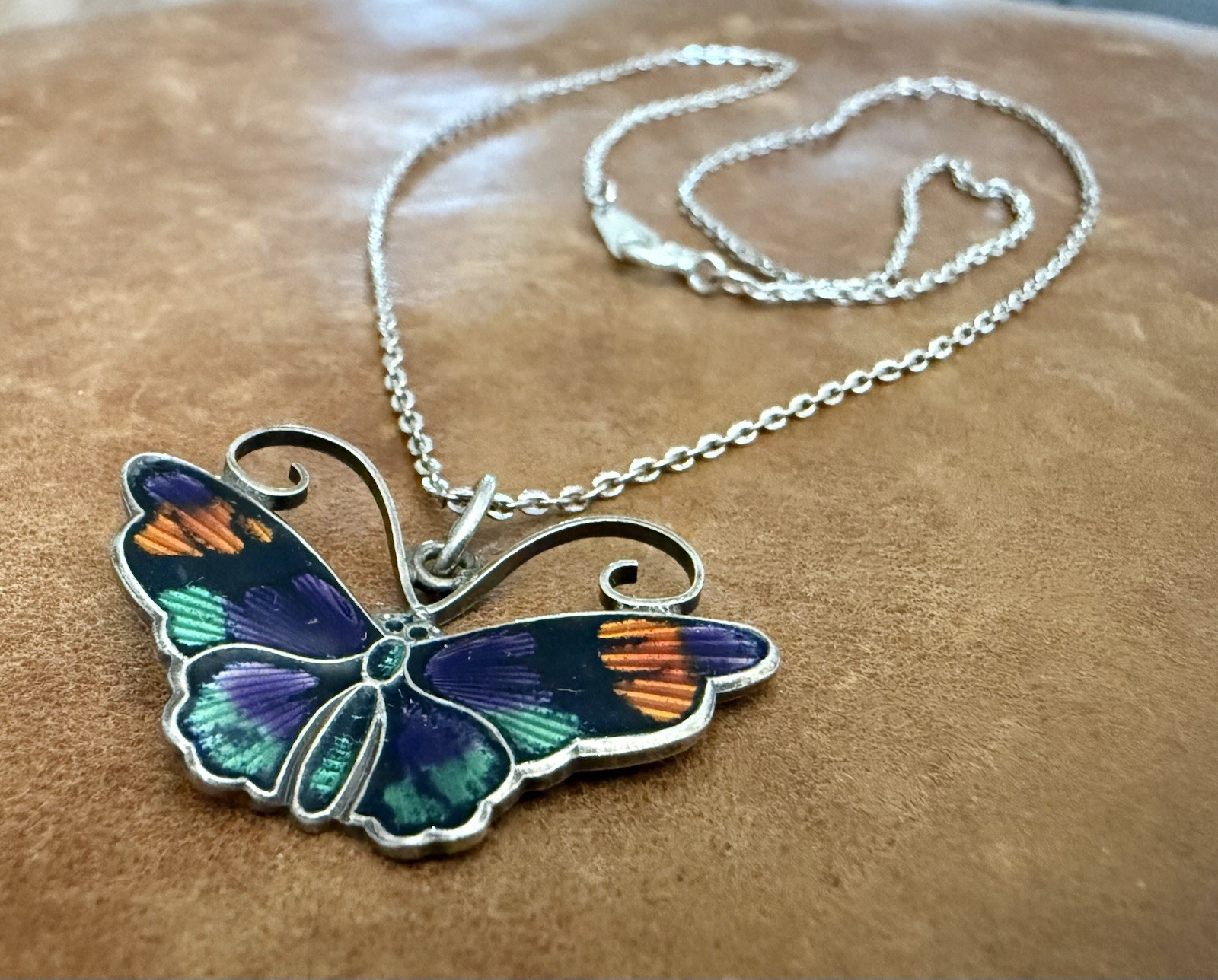 David-Andersen 925S Multi-Color Guilloche Enamel Butterfly Pendant Necklace 18”