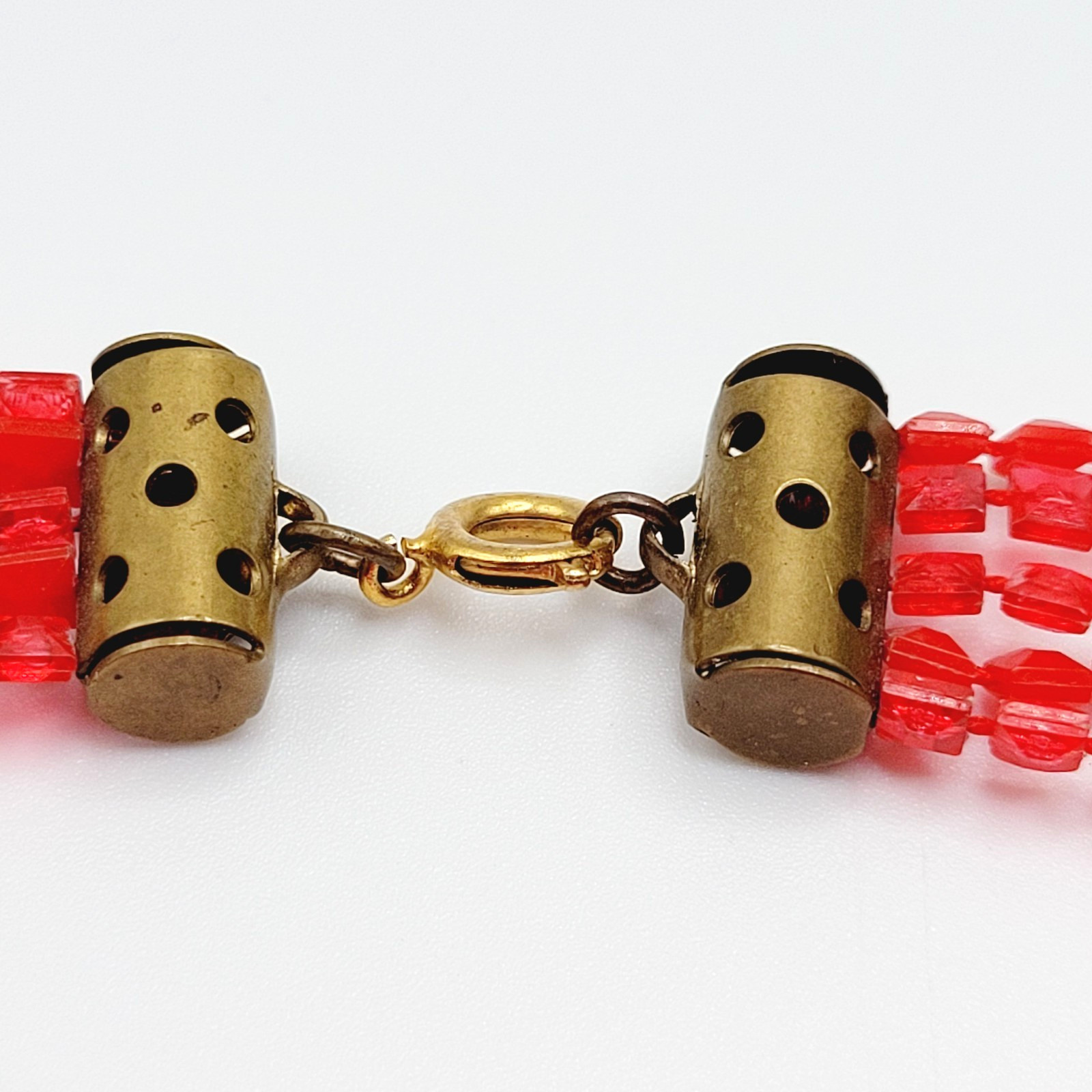 Vintage Red Multi Strand Plastic Square Beaded Solid & Clear Bead Necklace 48 In