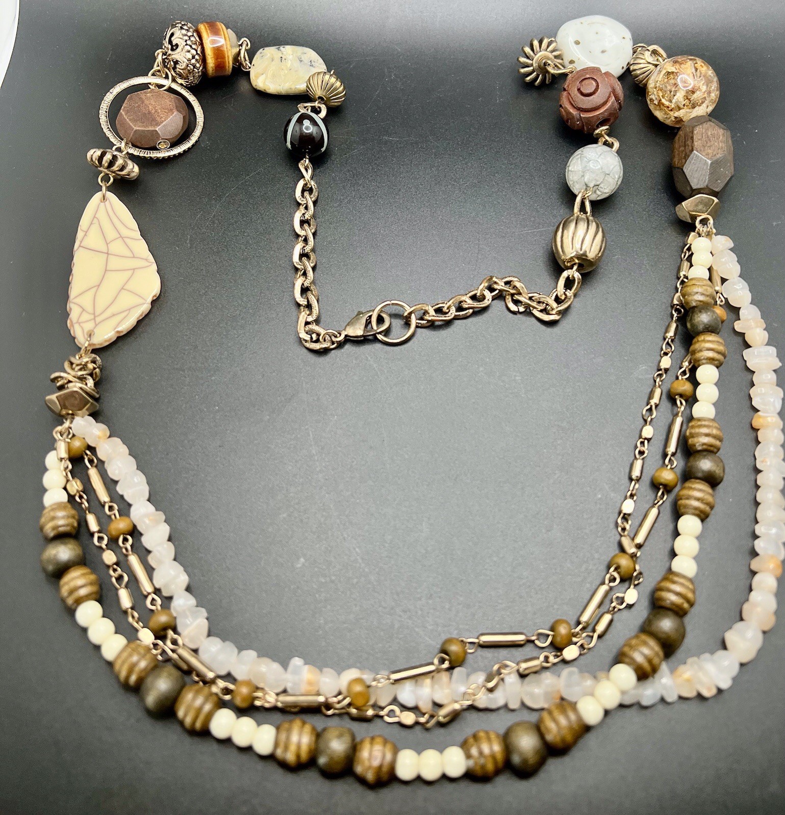 Vtg -Now Estate Gold Tone / Beaded Boho Tribal 5 Pc. Lot 4 Necklaces 1 Bracelet