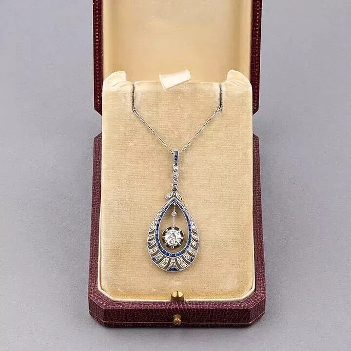 Art Deco Style Lab Created Diamond & Sapphire Wedding 14K White Gold FN Pendant