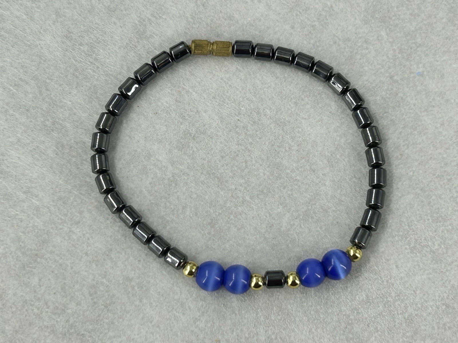 Handmade Bracelet Natural Hematite Deep Blue Glass Cat Eye Beads