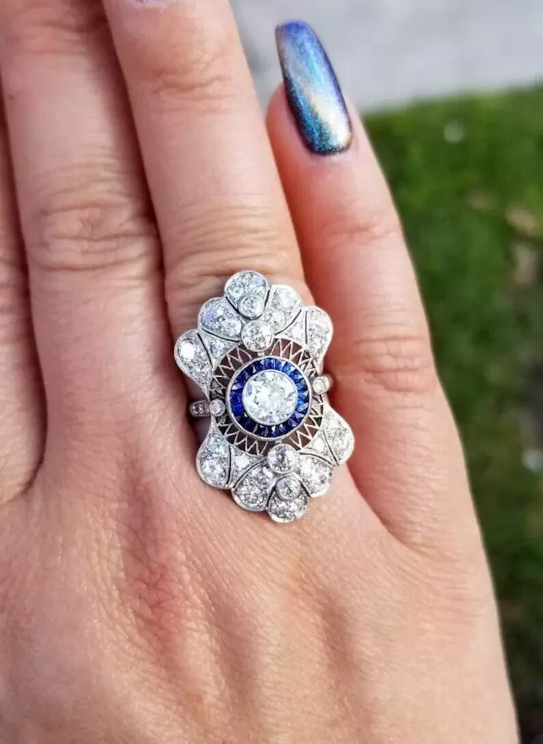 Art Deco Style 3Ct Lab Created Diamond & Sapphire Wedding 14K White Gold FN Ring