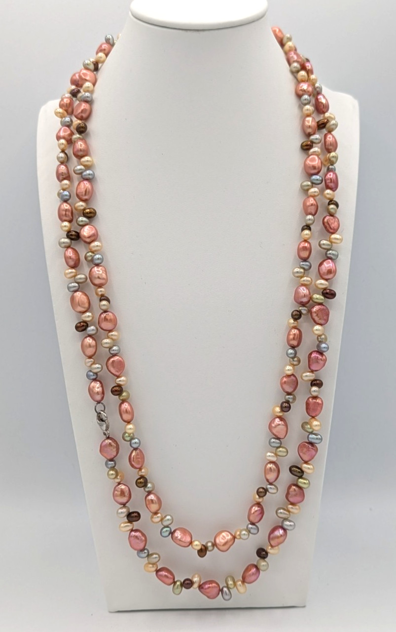 Baroque Freshwater Pearl Necklace Multicolor Pastel Beads Long 52″ Summer