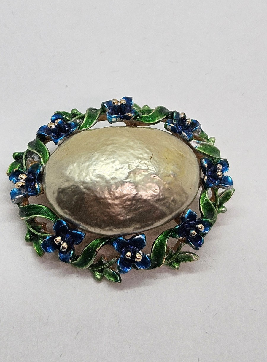 Vintage Signed ART Arthur Pepper Faux Pearl Enamel Blue Green Flowers