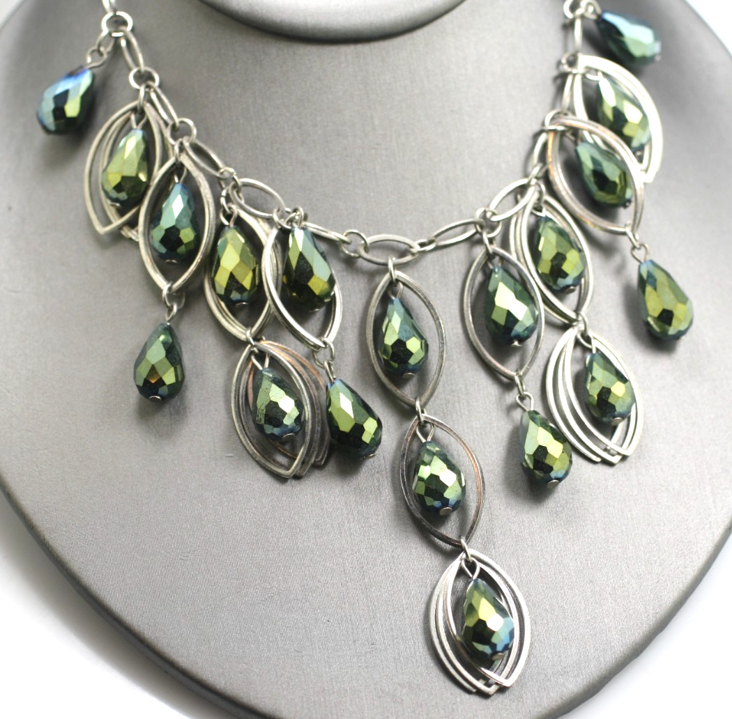 Green AB teardrop glass/ crystal drop dangle bib beaded chain necklace 18″