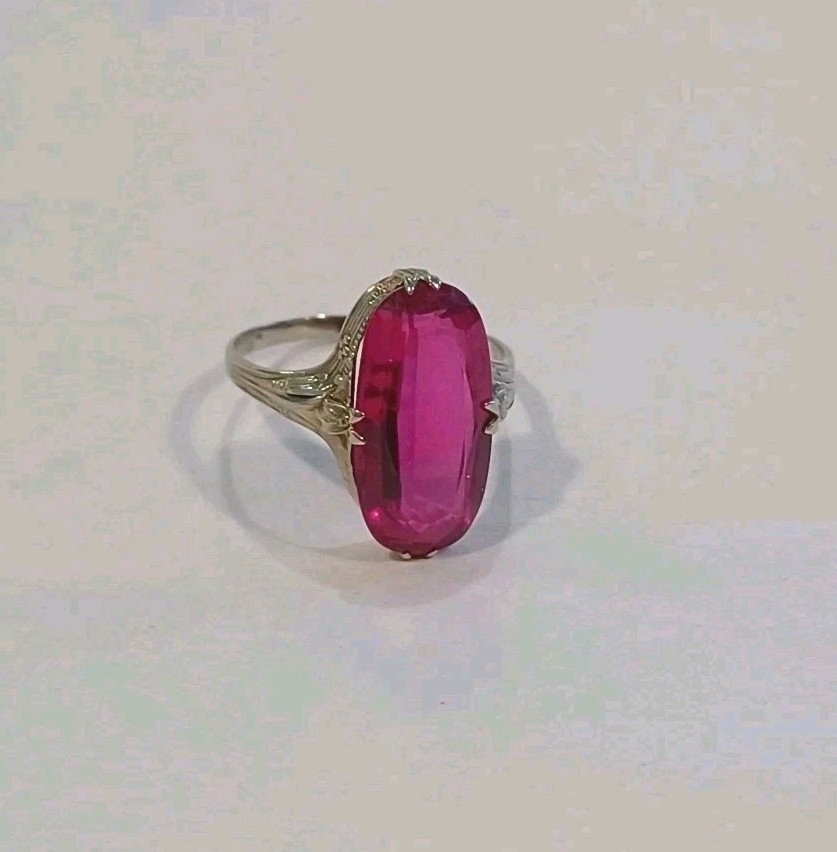 Vtg/antique 18k White Gold Large Pink Stone Size 6 Art Deco Excellent Condition