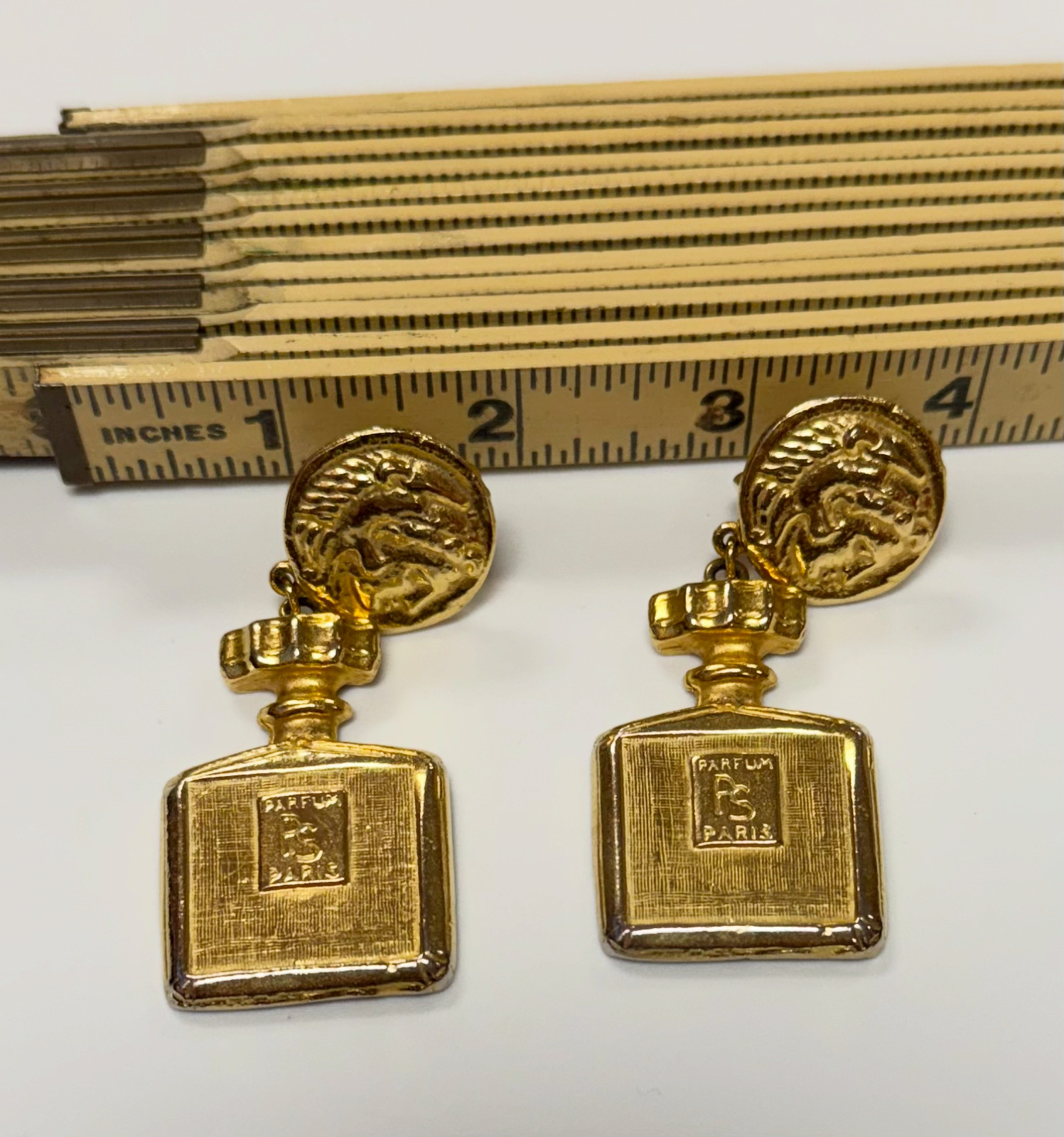 Vintage Gold Tone “Parfum Paris” Perfume Bottle Clip On Earrings French Novelty