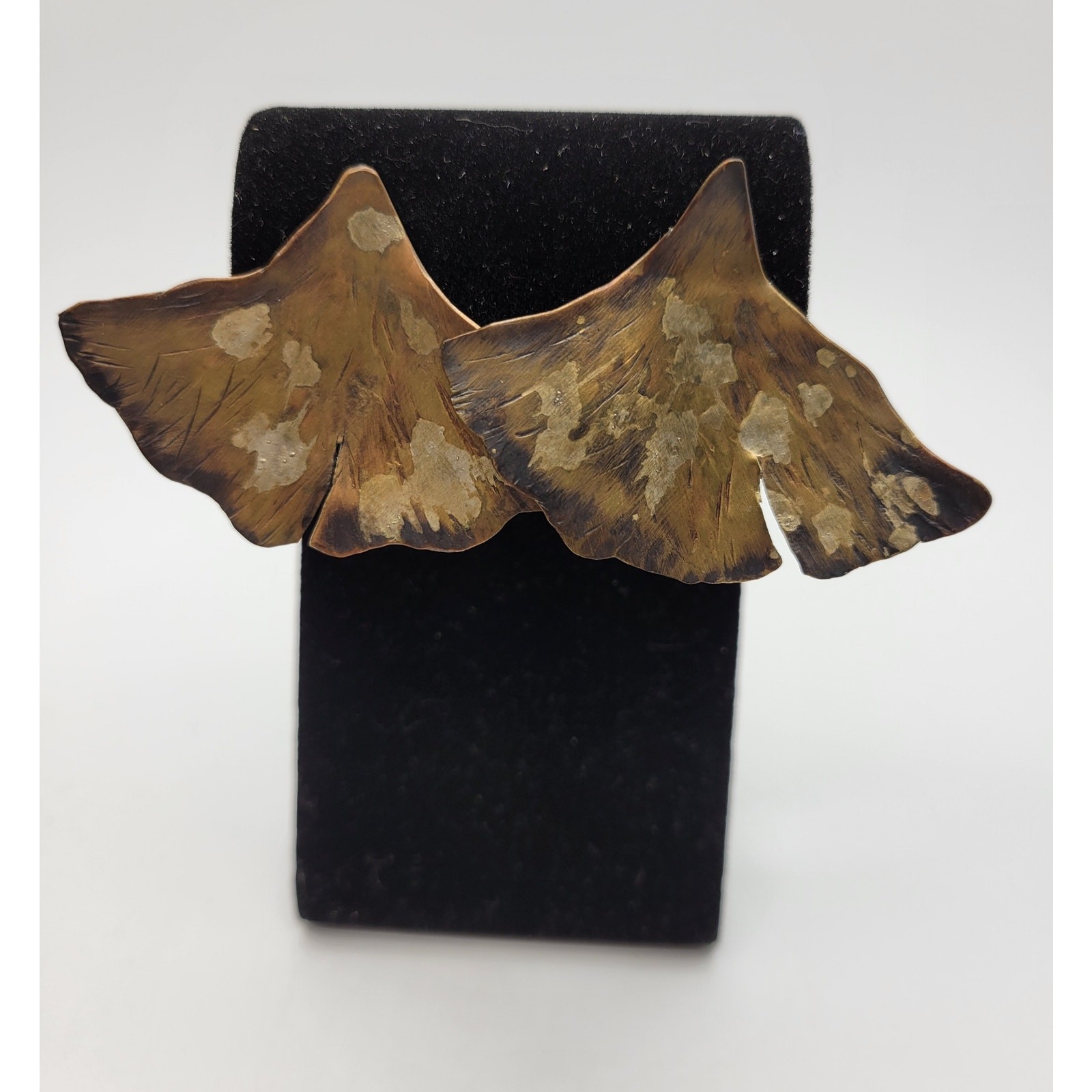 Brutalist Ginkgo Leaf Brooch Earrings Set Artisan Handmade Patina Huge Leaves