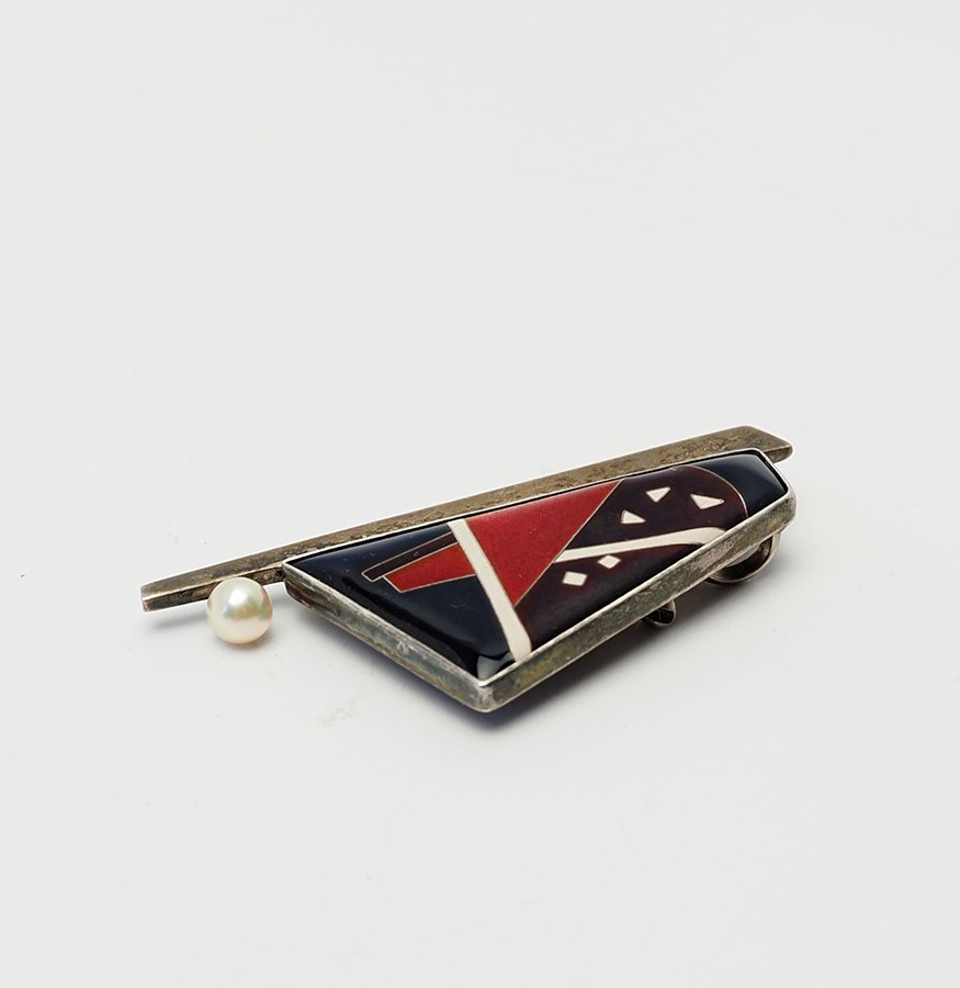 Amazing OOAK handmade sterling silver pearl enamel abstract pin or pendant