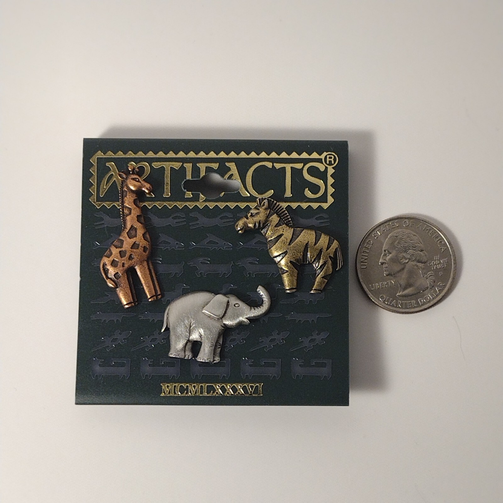 Giraffe Zebra Elephant Silver Bronze & Gold Tone Pins Three Artifacts Animals