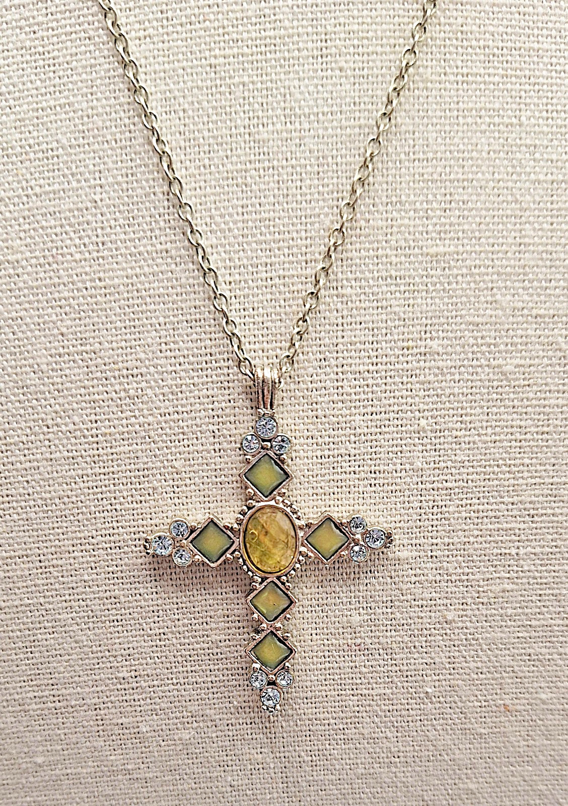 Vtg Premier Design Silver-tone Faux Citrine & Peridot Cross Pendant Necklace