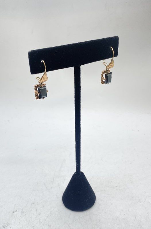 10K Yellow Gold Faceted Hematite Drop Earrings Vintage Style 1″ 3.4g