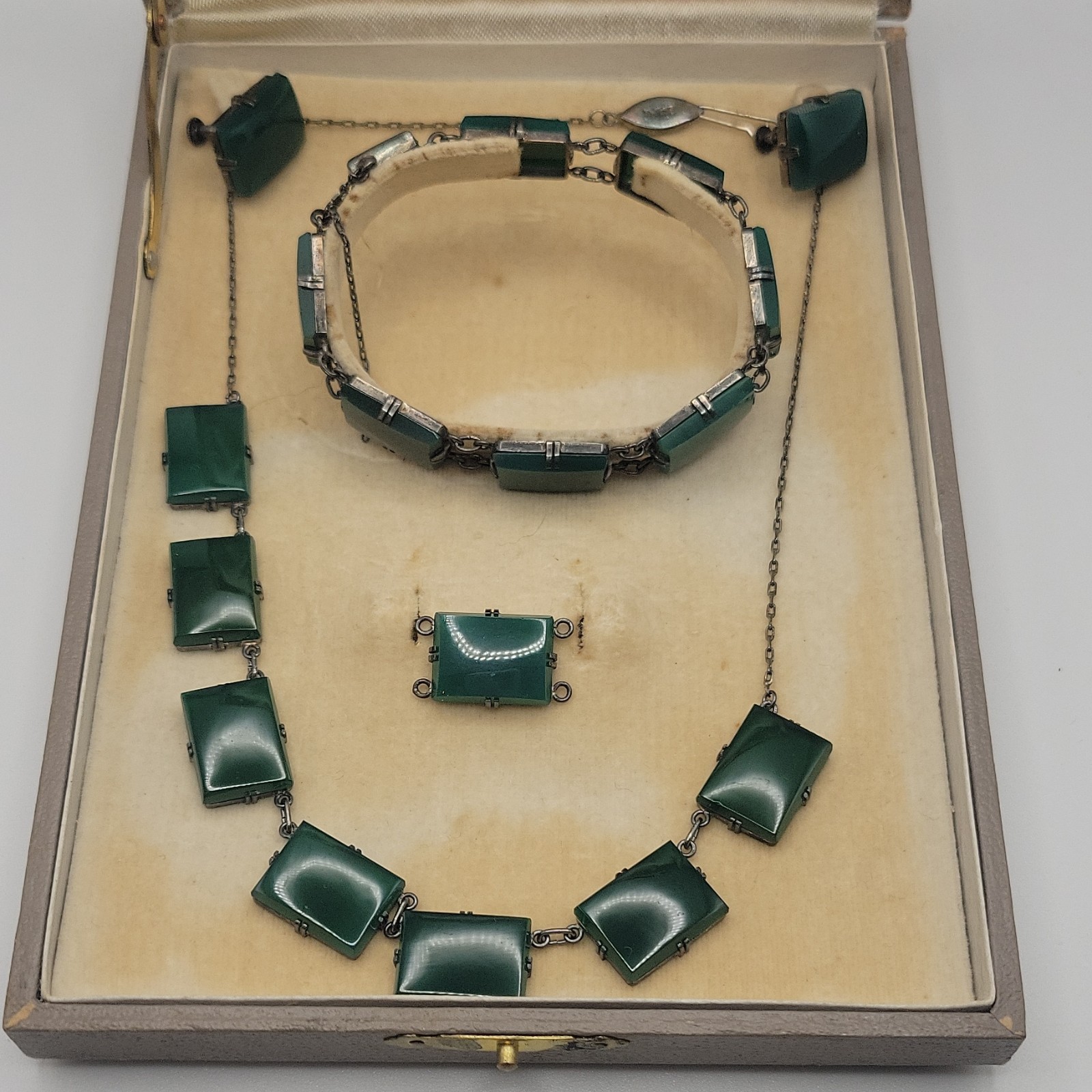 Chrysoprase Vintage Art Deco 925 Silver Necklace, Bracelet and Earrings Set