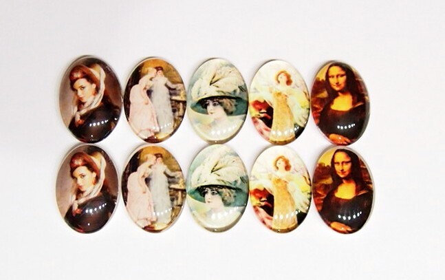 10 of 25x18mm Glass Victorian Art Deco Women Cameos, 5 Different Scenes, Nice