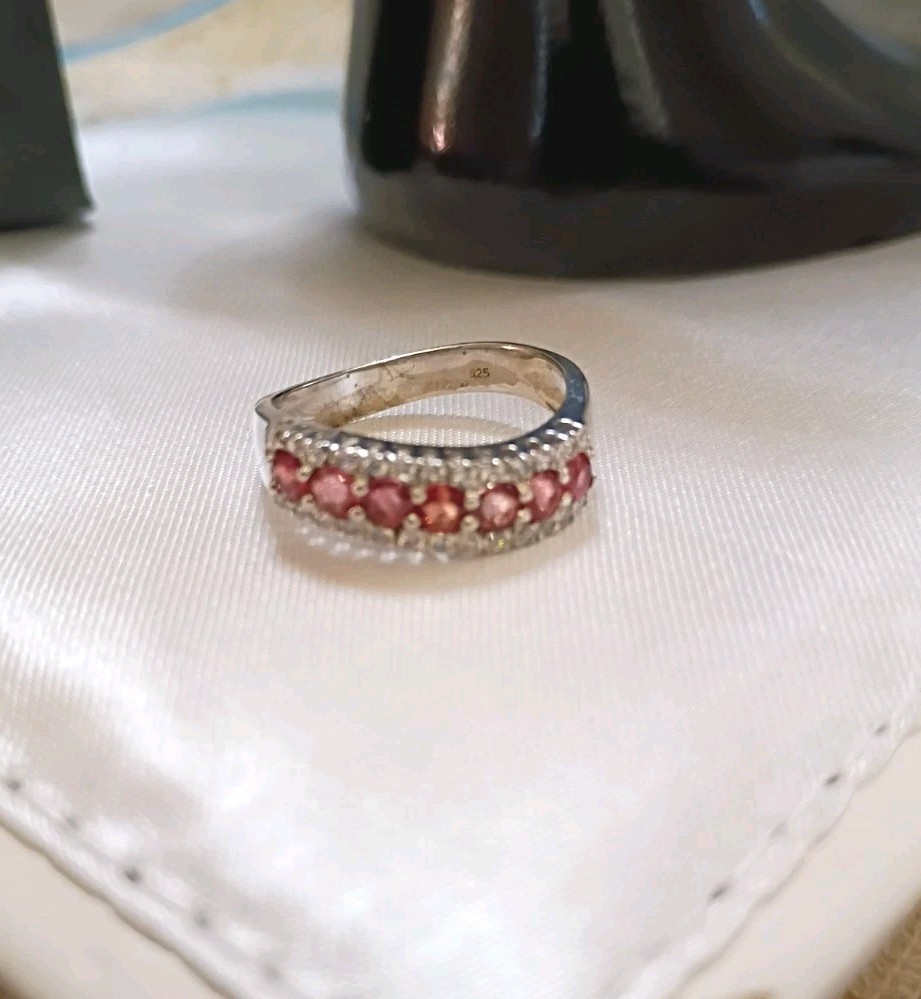 Vintage Silver 925 Pink Orange Sapphire Wave Band Ring 6.5