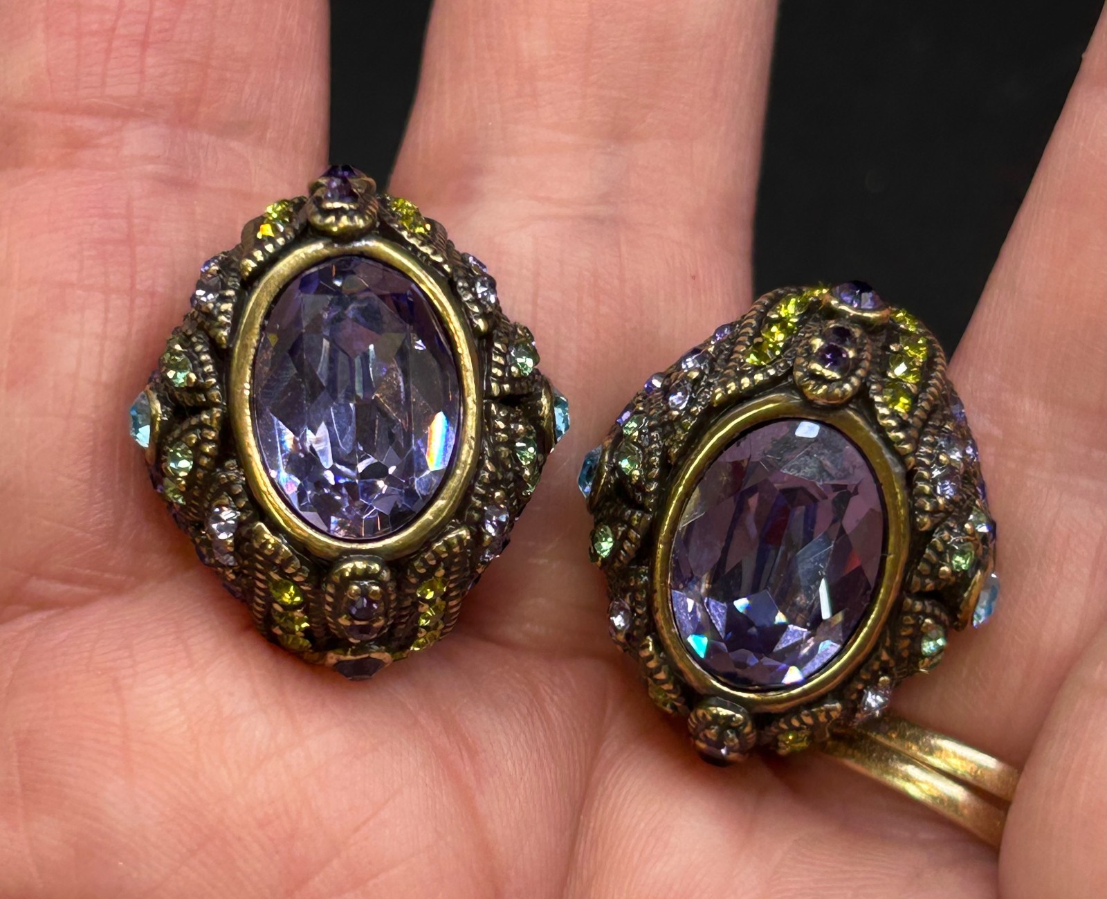 VINTAGE HEIDI DAUS EARRINGS PIERCED LARGE PURPLE CABOCHON PERIDOT AQUA GREEN ETC