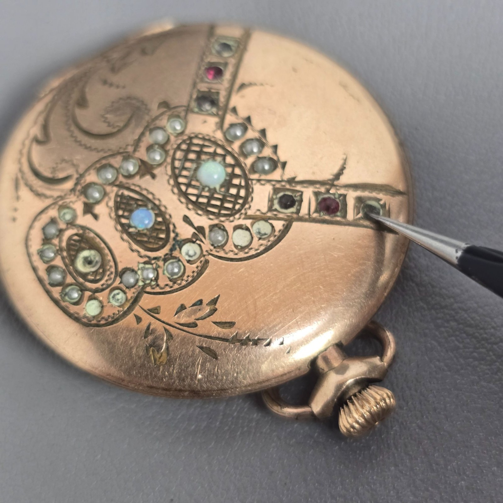 Victorian Gold-Filled/Gold-Plate Engraved Gemstone Photo Locket w/ Opal & Gems