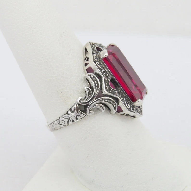 Vintage Victorian Style Ruby Gorgeous Estate Ring 935 Silver Antique Jewelry