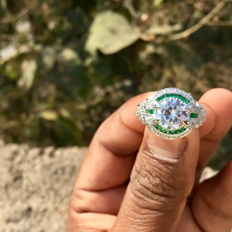 Art Deco Style Lab Created Diamond & Emerald Engagement Ring 14K White Gold FN