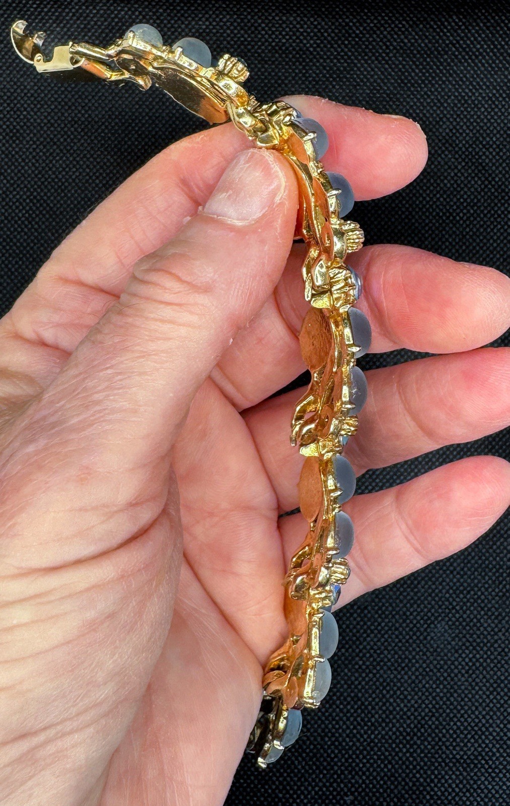 Vintage Blue Moonstone Cabochon Bracelet AB Rhinestones Gold Tone Mid Century