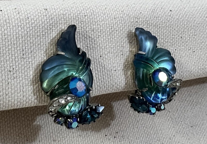 Vintage 1960s Signed EDLEE Cornucopia Molded Art Glass Blue Rhinestone Earrings