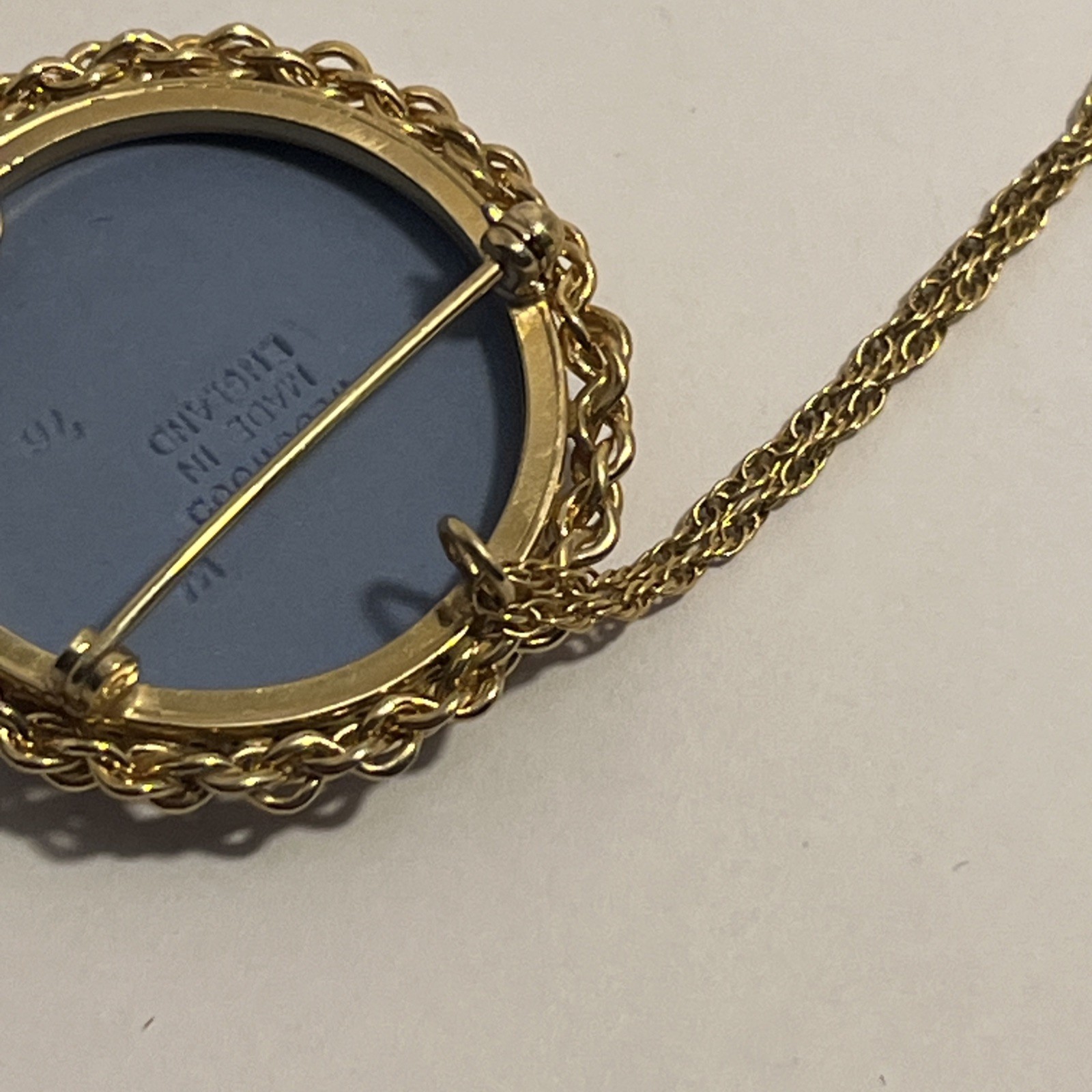 Wedgwood Blue Jasperware Liberty Bell Cameo Pendant Necklace Very Good