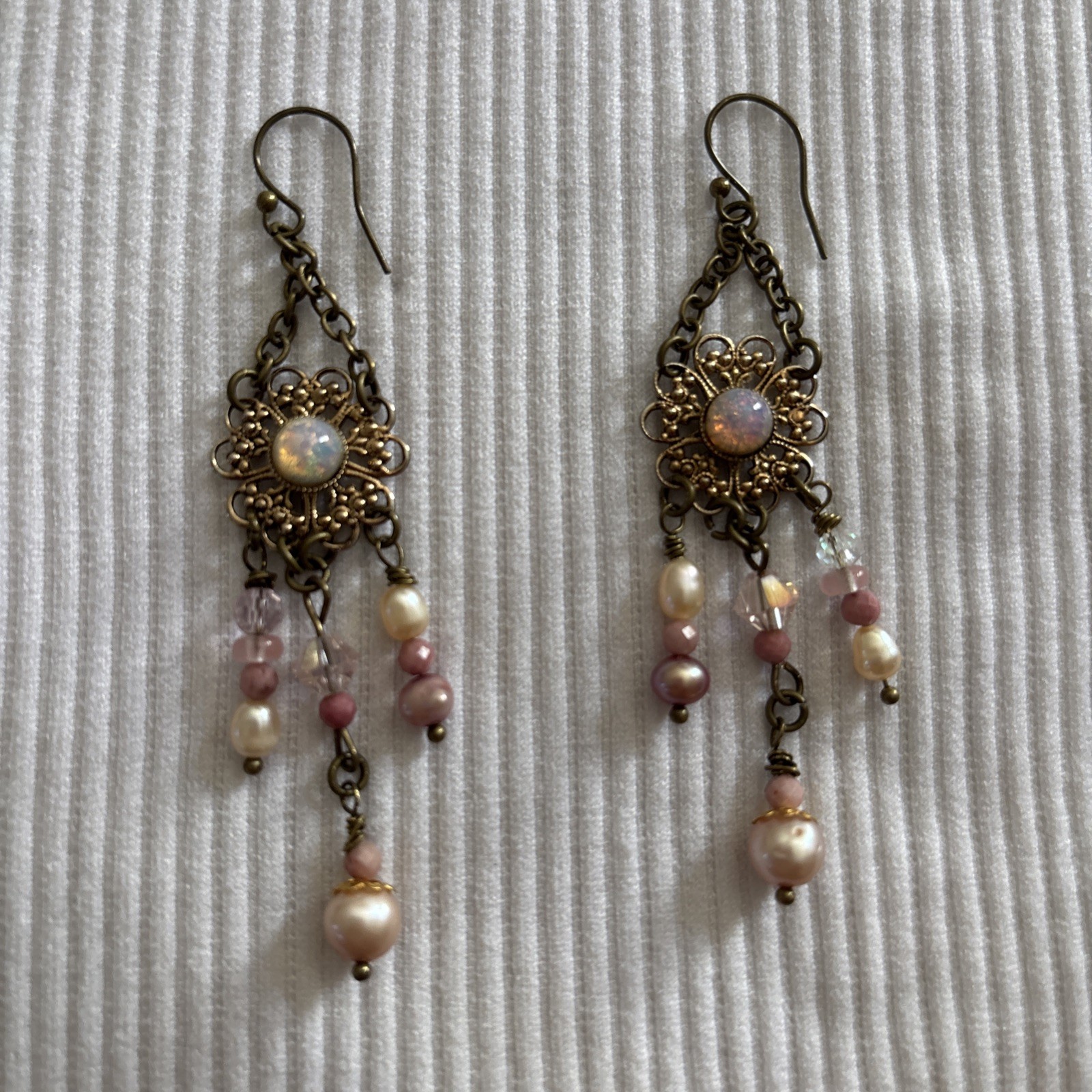 Vintage Boho Earrings Brass-Tone w/Opal-Glass on Alloy Filigree, Pearl+ danglers