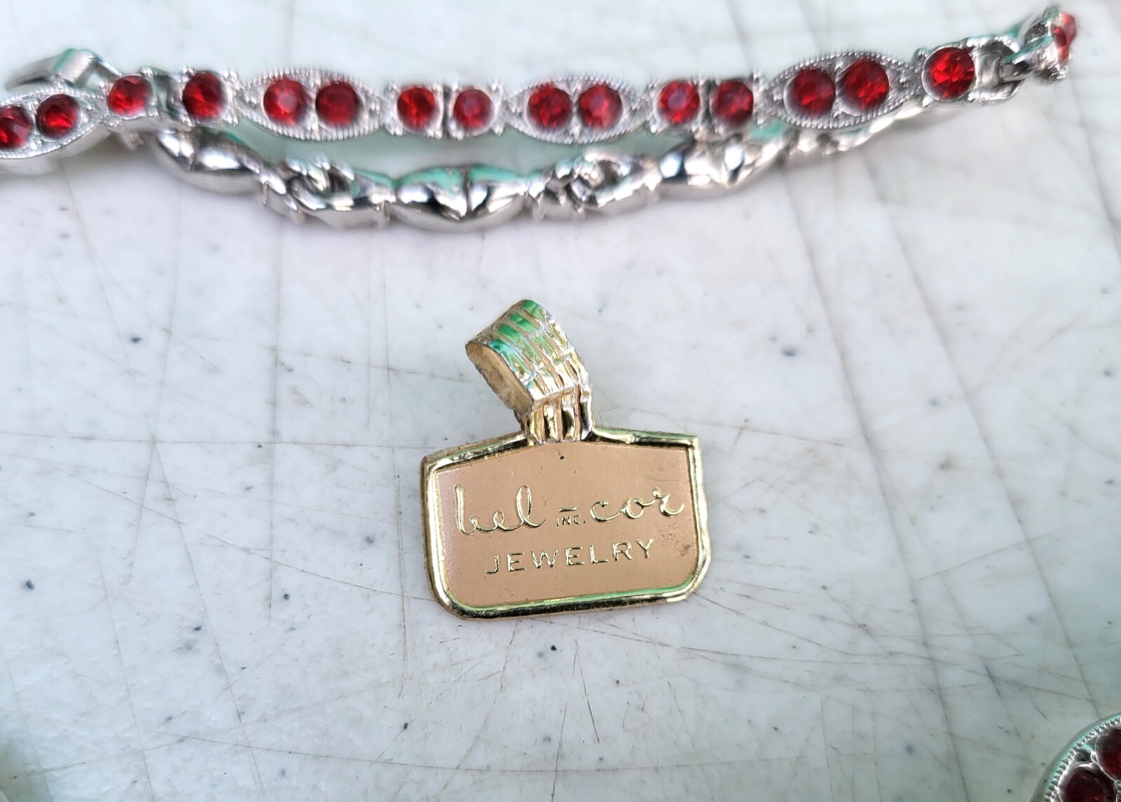 Red Rhinestone Rhodium Choker Necklace & Bracelet Set BEL-COR c1950s NOS Unused