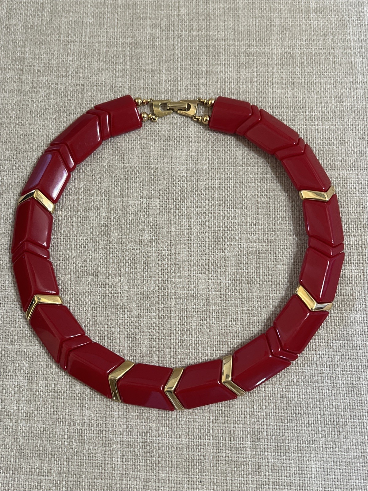 Vintage Red Acrylic Lucite Plastic Choker Collar Red Chevron Gold Necklace Fold