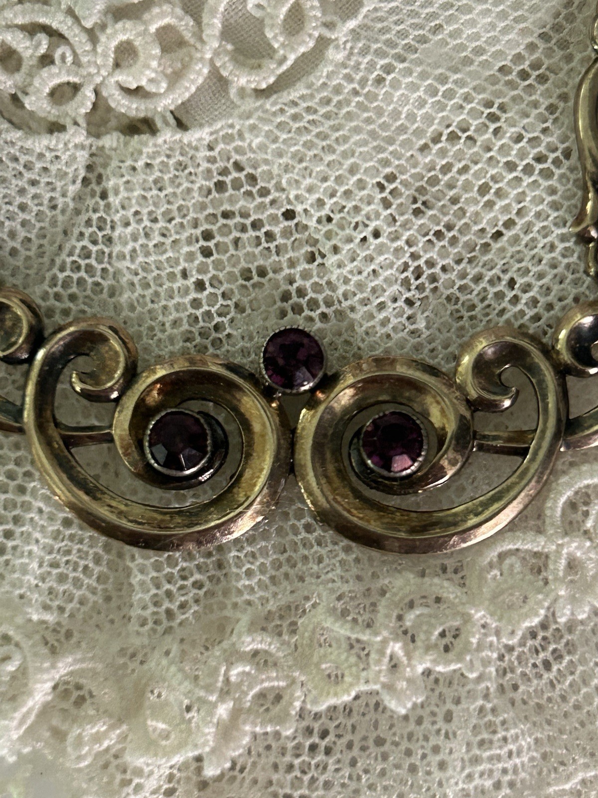 Symmetalic Vintage Sterling /14k Gold Amethyst Scroll Design Necklace