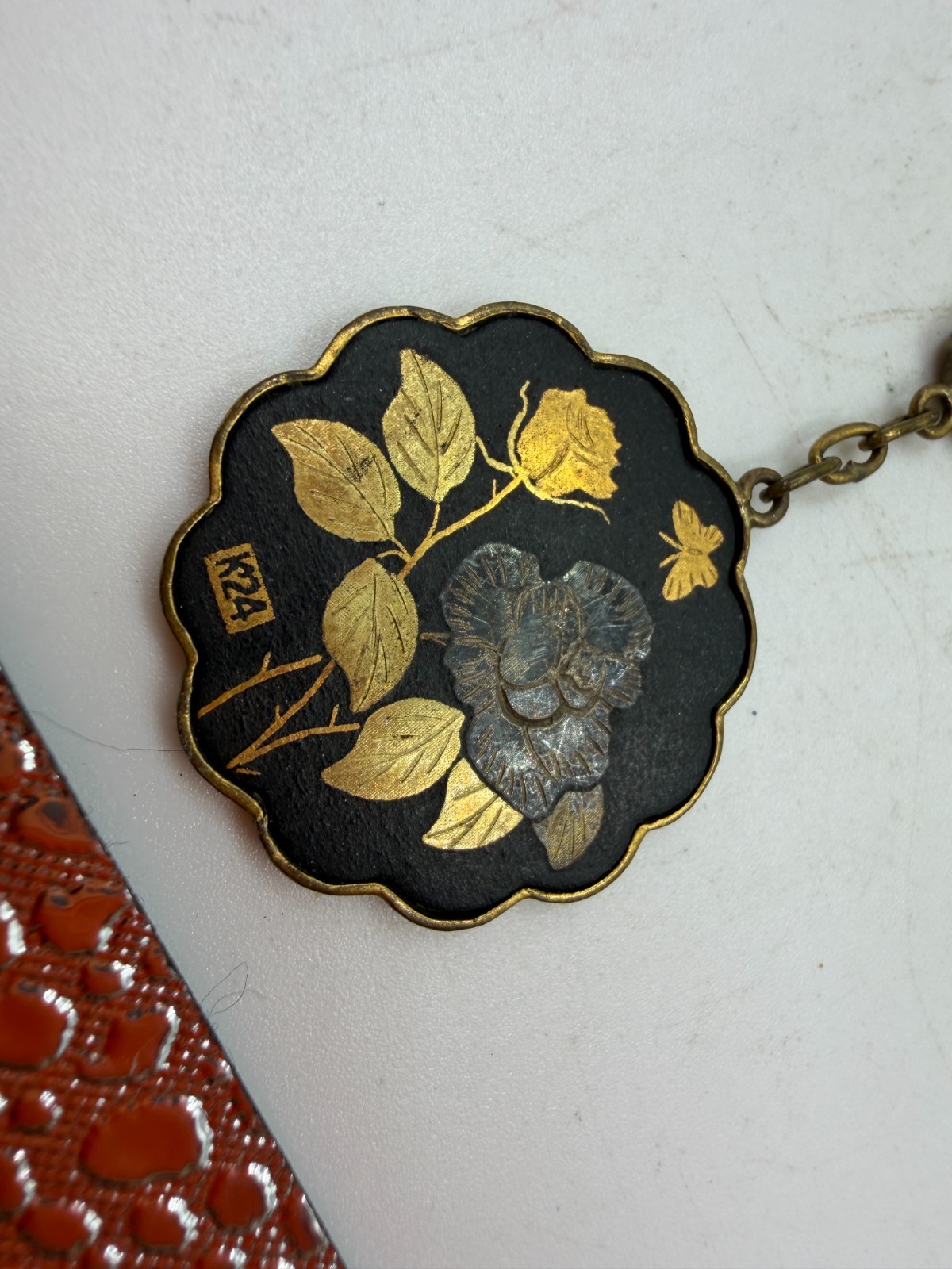 Vintage Necklace Damascene Japan KZ Scenic y-Drop Pendant