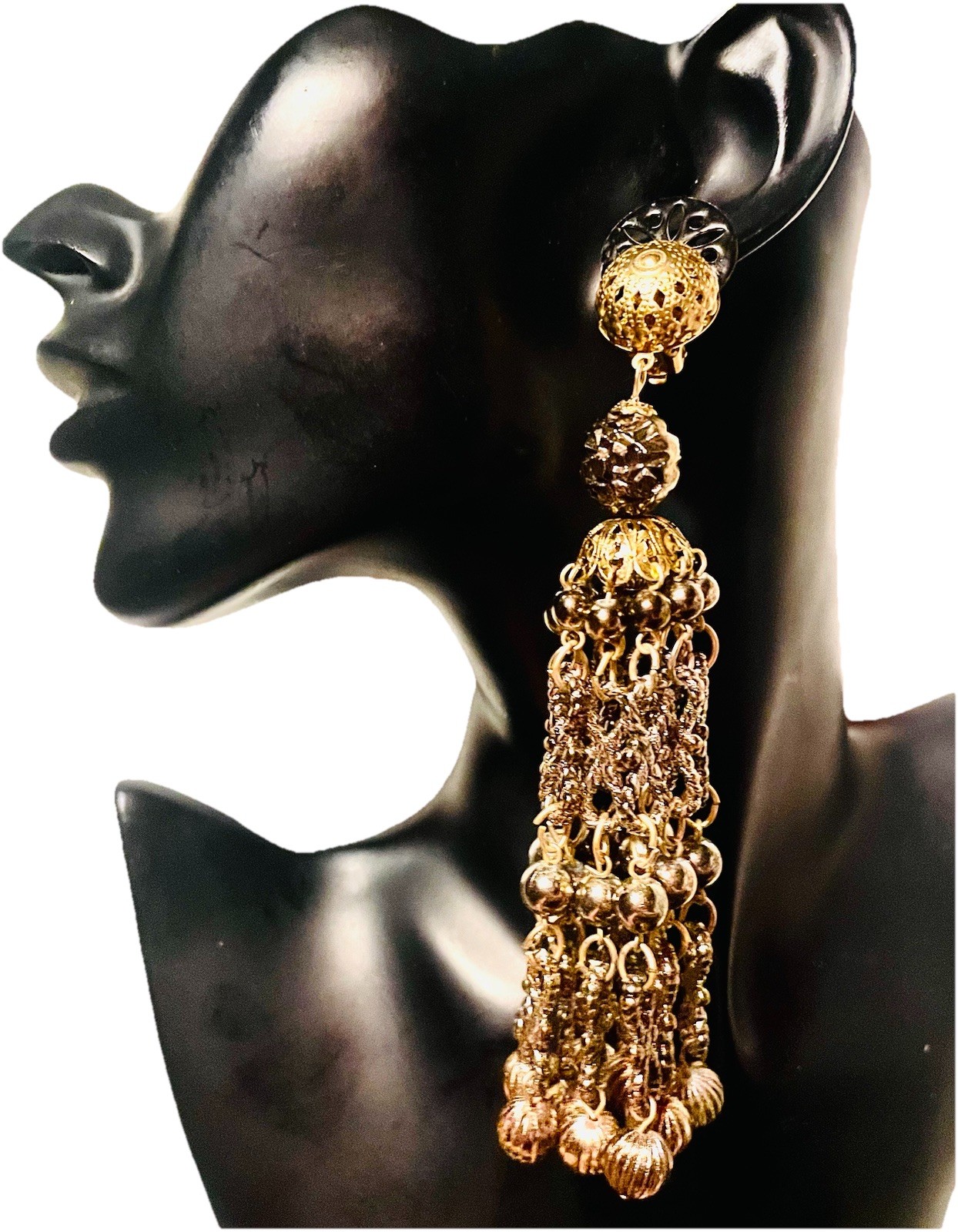 Vintage LONG Tassel Clip On Earrings Gold Tone LIGHT Chandelier BOLD 70s 5” Big