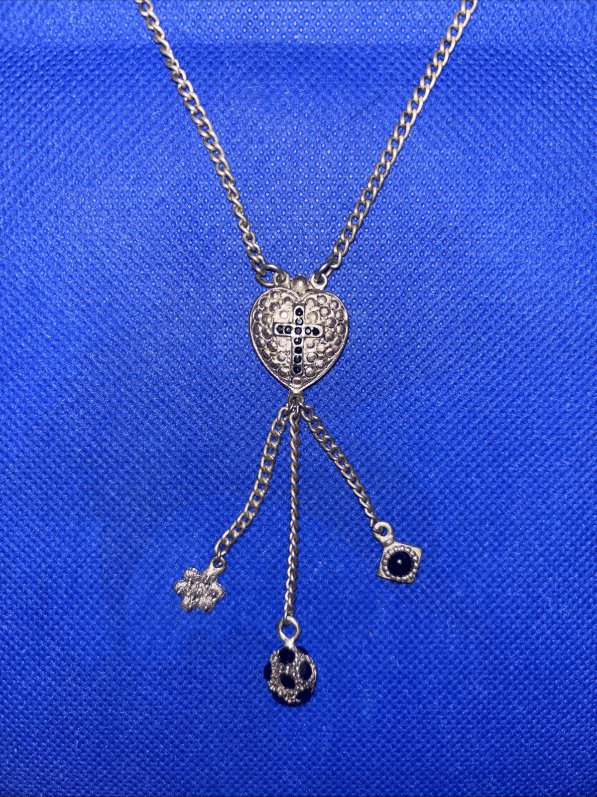 Vintage EH Pewter Heart Cross Charm Necklace Y2K Goth 16”