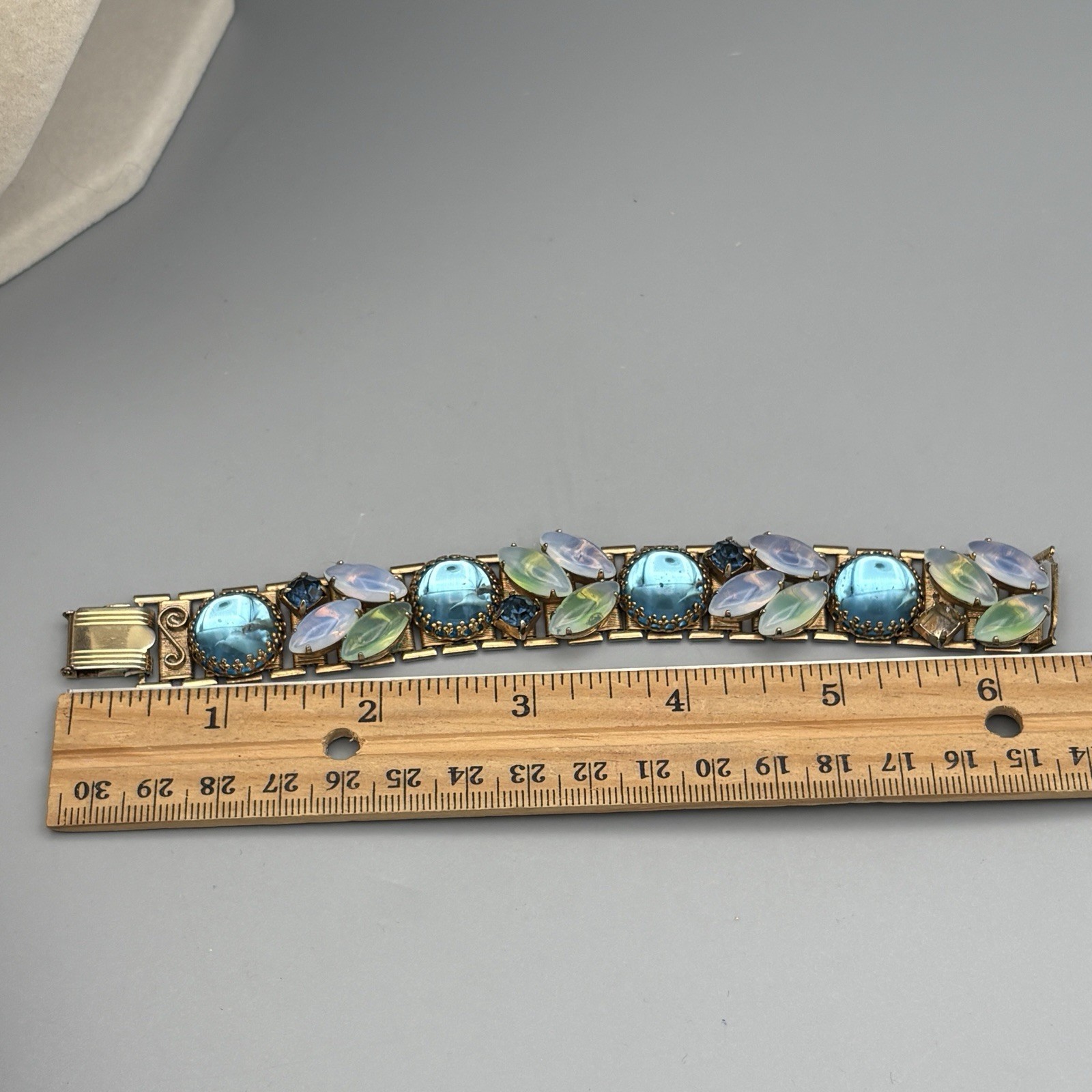 Vintage Bracelet Opaline Navette Glass Cabochon Rhinestone Gold Tone 6.5″ READ